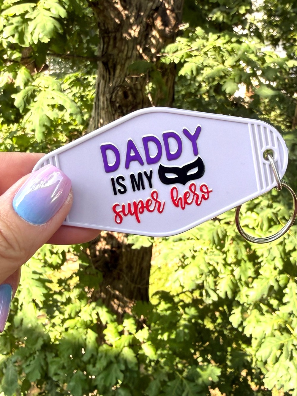 Vintage style motel key 3.5” keychain Daddy is My Super Hero gift idea